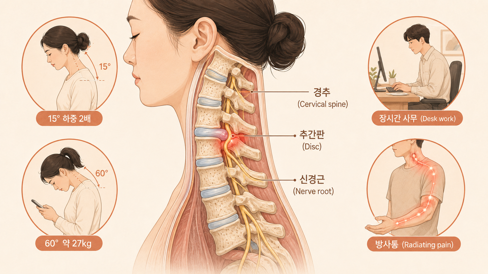 목디스크 원인 해부도 - 경추 추간판이 신경근을 압박하는 모습
