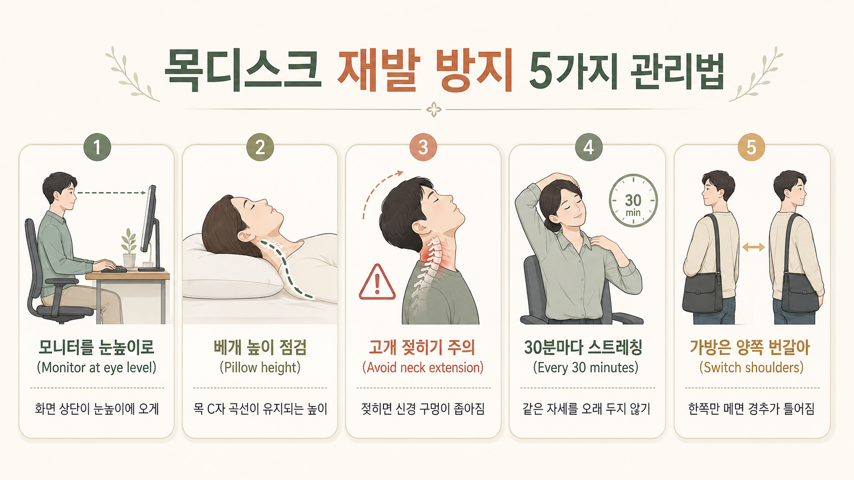 목디스크 재발 방지 5가지 관리법 - 모니터 높이, 베개, 스트레칭