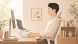 인천 송도 목디스크 재발 방지 - 바른 자세로 일하는 모습