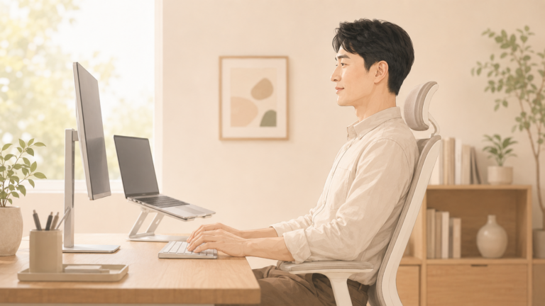 인천 송도 목디스크 재발 방지 - 바른 자세로 일하는 모습