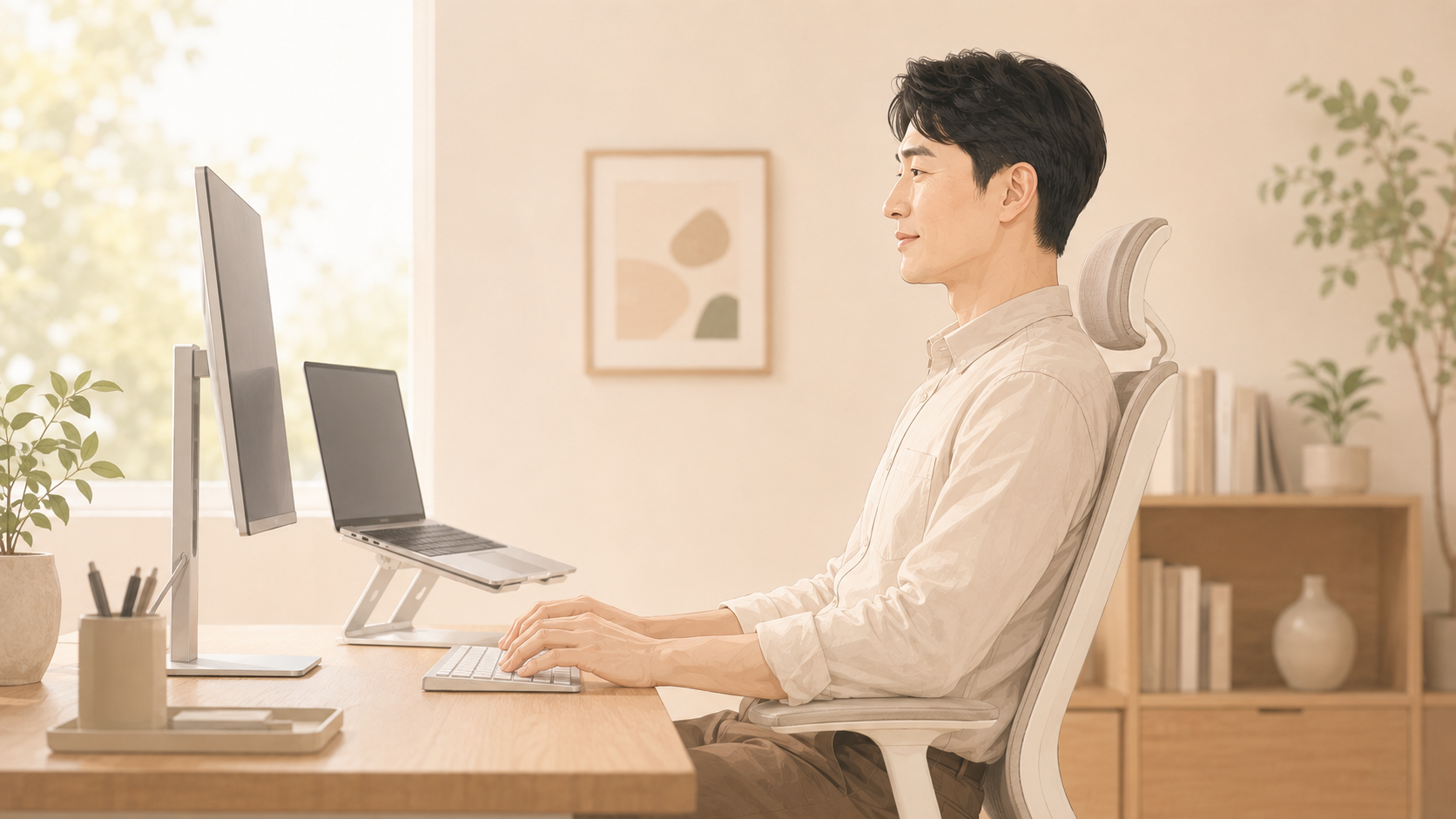 인천 송도 목디스크 재발 방지 - 바른 자세로 일하는 모습