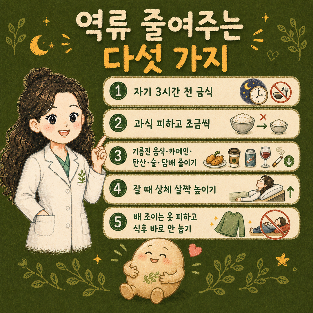 인천송도 더율한의원 역류성 식도염 관리 다섯 가지 - 야식 금지 취침 3시간 전 식사 상체 높이기