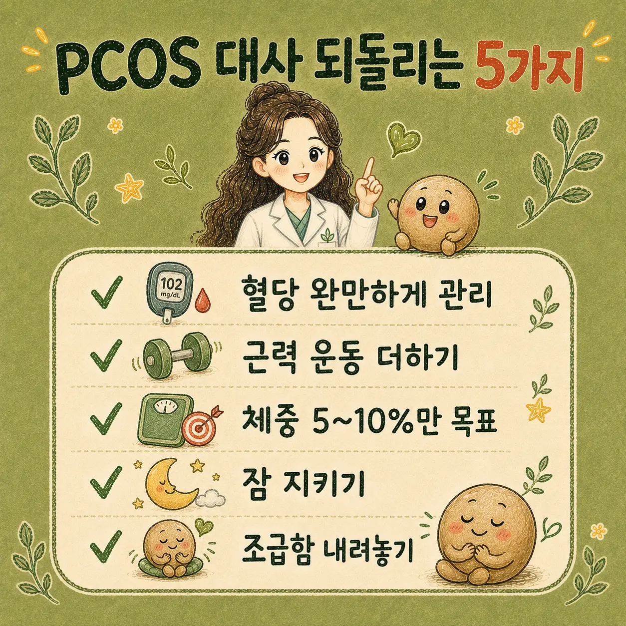 인천송도 더율한의원 다낭성난소증후군 관리 다섯 가지 - 혈당 관리 근력운동 수면 식사 순서 체중