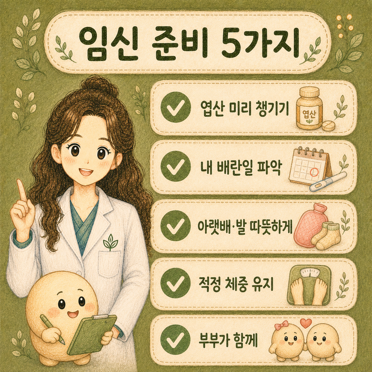 인천송도 더율한의원 임신 준비 다섯 가지 - 엽산 배란일 파악 아랫배 온기 적정 체중 부부 함께