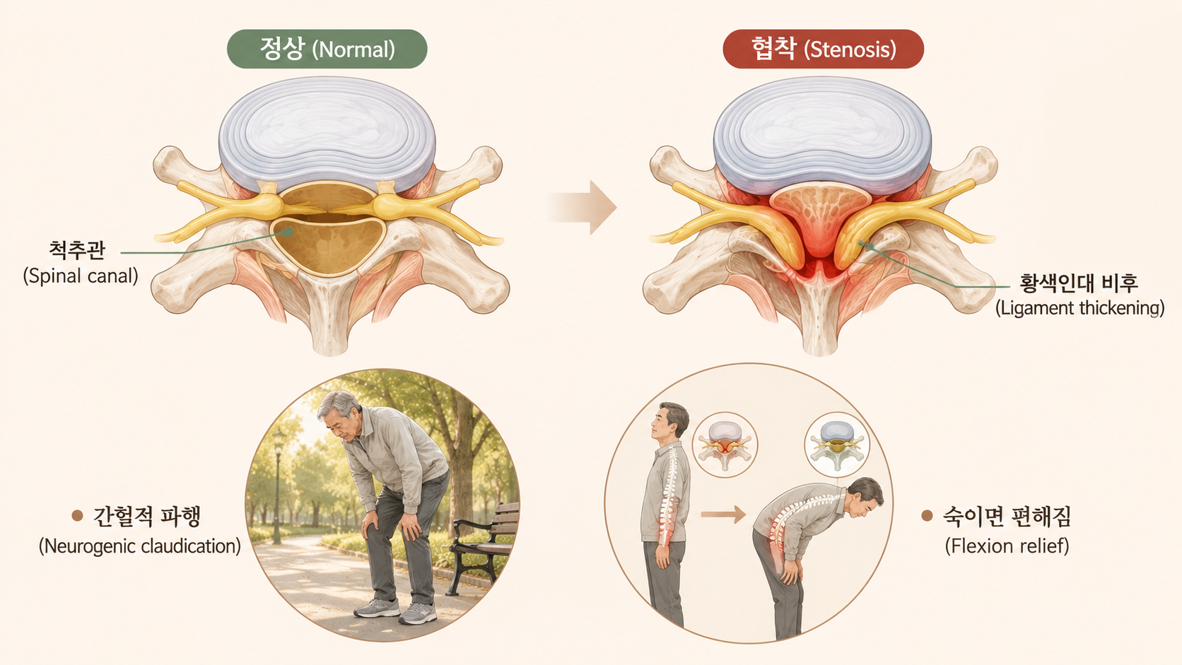 척추관협착증 원인 해부도 - 정상과 협착 척추관 비교