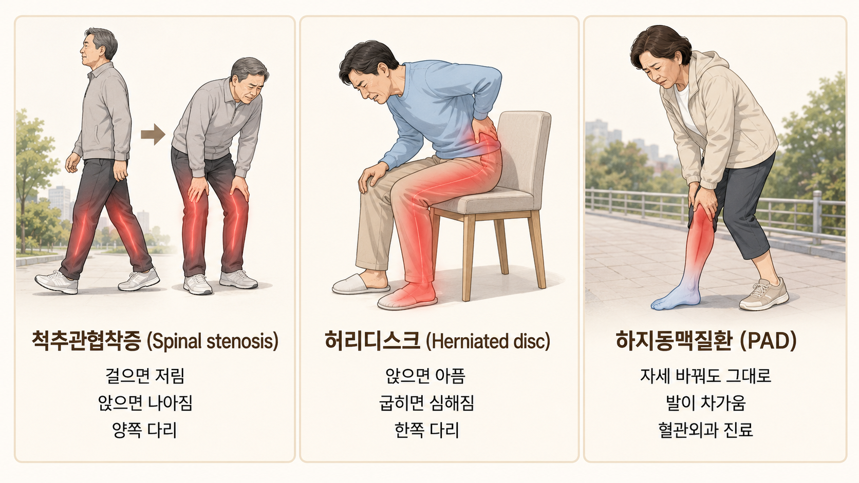 다리 저림 3가지 감별 - 척추관협착증, 허리디스크, 하지동맥질환