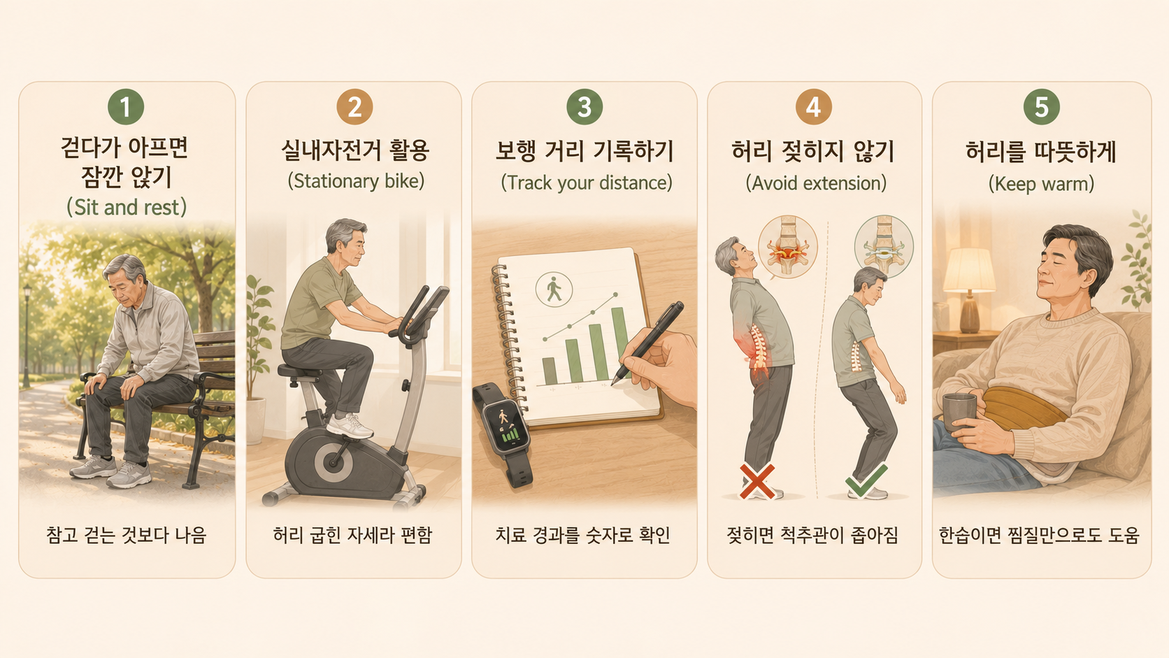 척추관협착증 관리 5가지 - 앉아 쉬기, 실내자전거, 보행 거리 기록