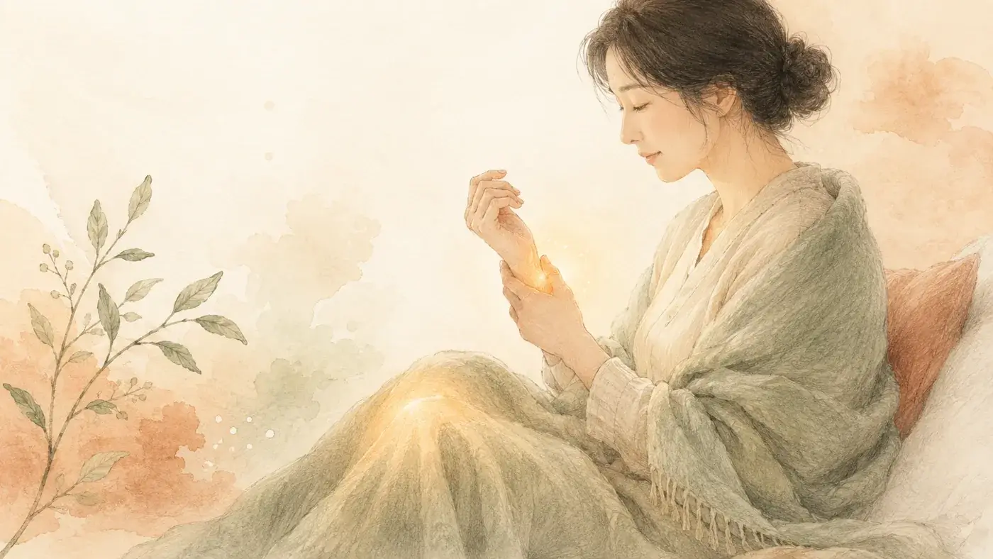 인천 송도 더율한의원 산후풍 한방 치료 — 시린 관절에 온기가 돌아오는 일러스트