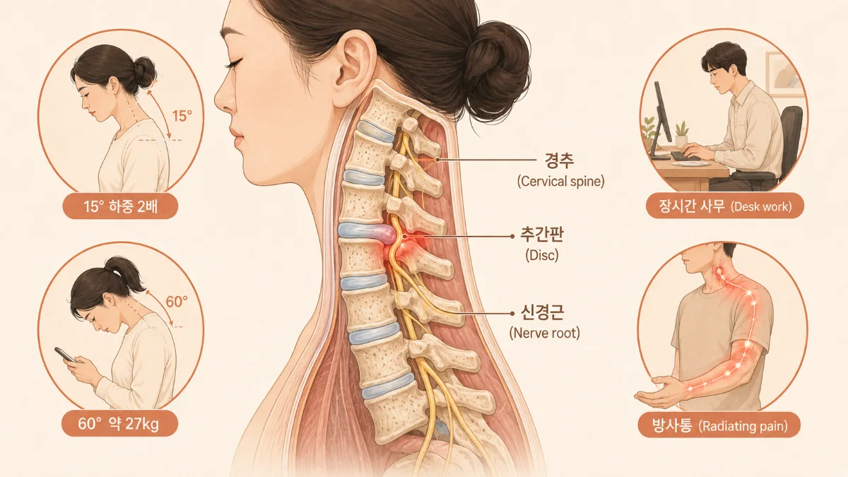 목디스크 원인 해부도 - 경추 추간판이 신경근을 압박하는 모습