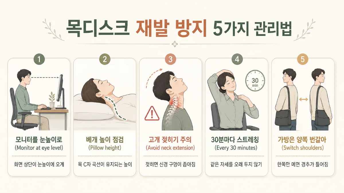 목디스크 재발 방지 5가지 관리법 - 모니터 높이, 베개, 스트레칭