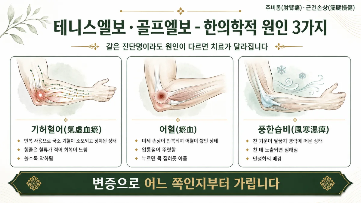 인천송도 더율한의원 테니스엘보·골프엘보 한의학적 원인 인포그래픽