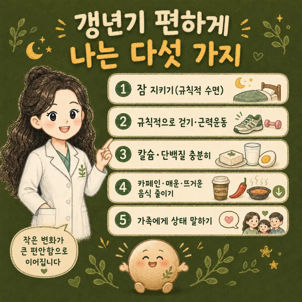 인천송도 더율한의원 갱년기 관리 다섯 가지 - 수면 규칙 유산소 운동 칼슘 카페인 줄이기