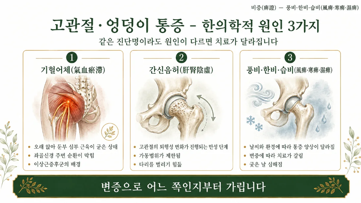 인천송도 더율한의원 고관절 통증 한의학적 원인 인포그래픽