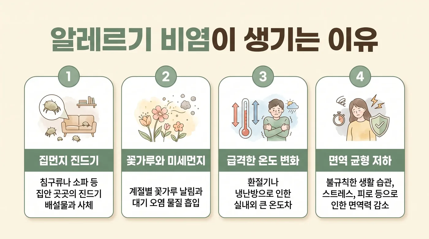 알레르기 비염이 생기는 과정 — 점막 방어력 저하와 자극 반응