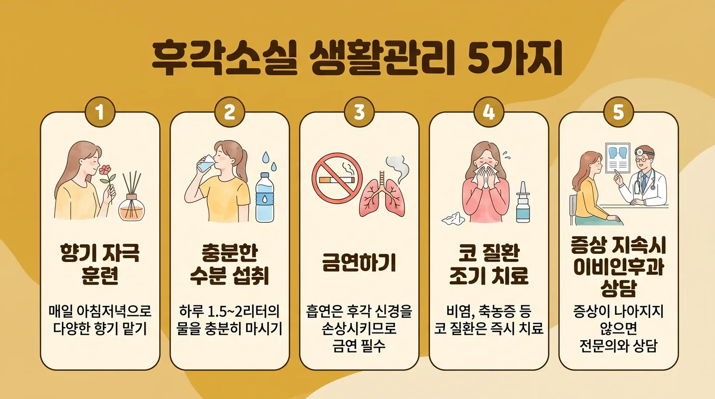 후각 저하 생활관리 6가지 — 후각훈련·코세척·습도·금연·안전대비·기록