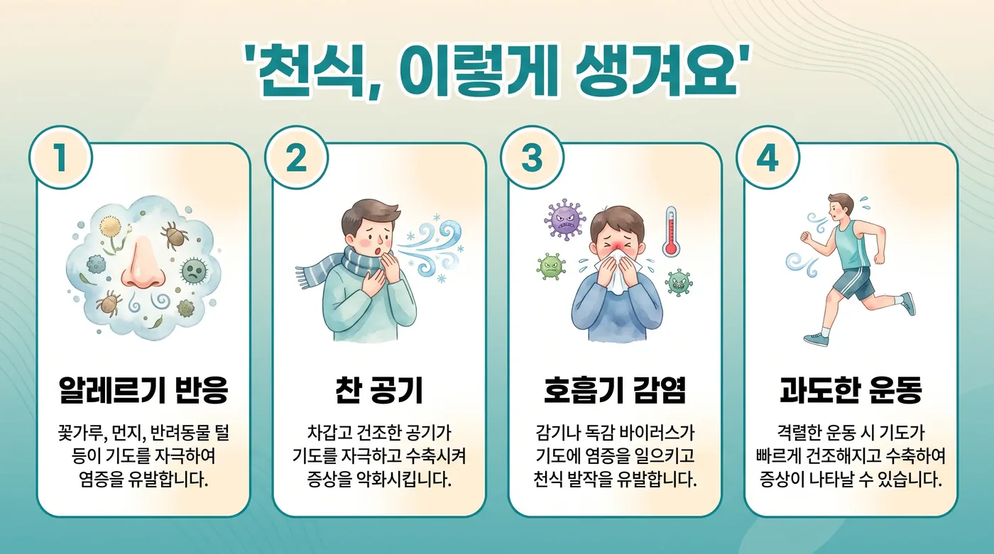 천식의 기전 — 기관지 수축·점막 부종·점액 증가