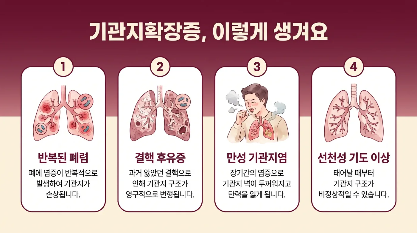 기관지확장증의 악순환 — 감염·손상·가래 저류