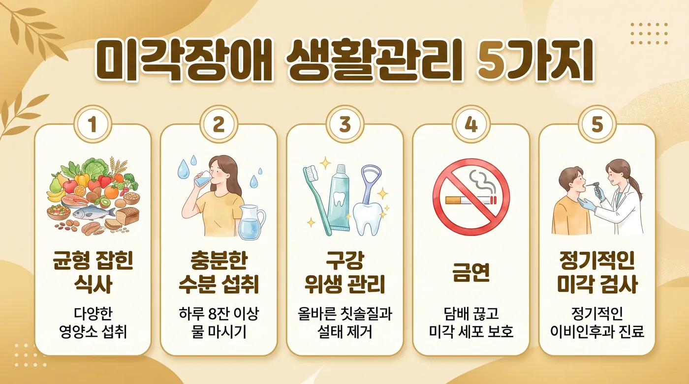 미각 이상 생활관리 6가지 — 수분·혀관리·약 확인·금연·식사 온도·기록