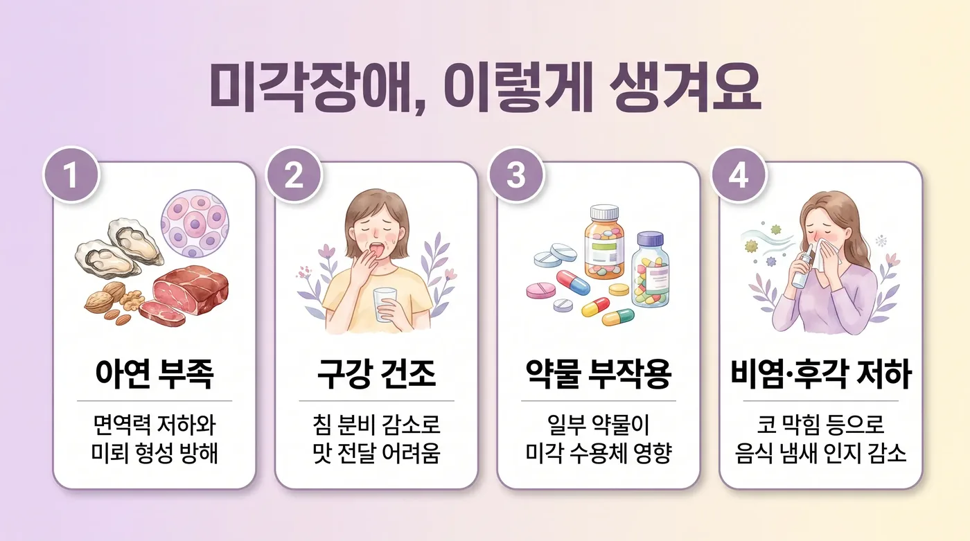 미각 이상의 원인 — 후각·약물·구강 건조·전신 요인