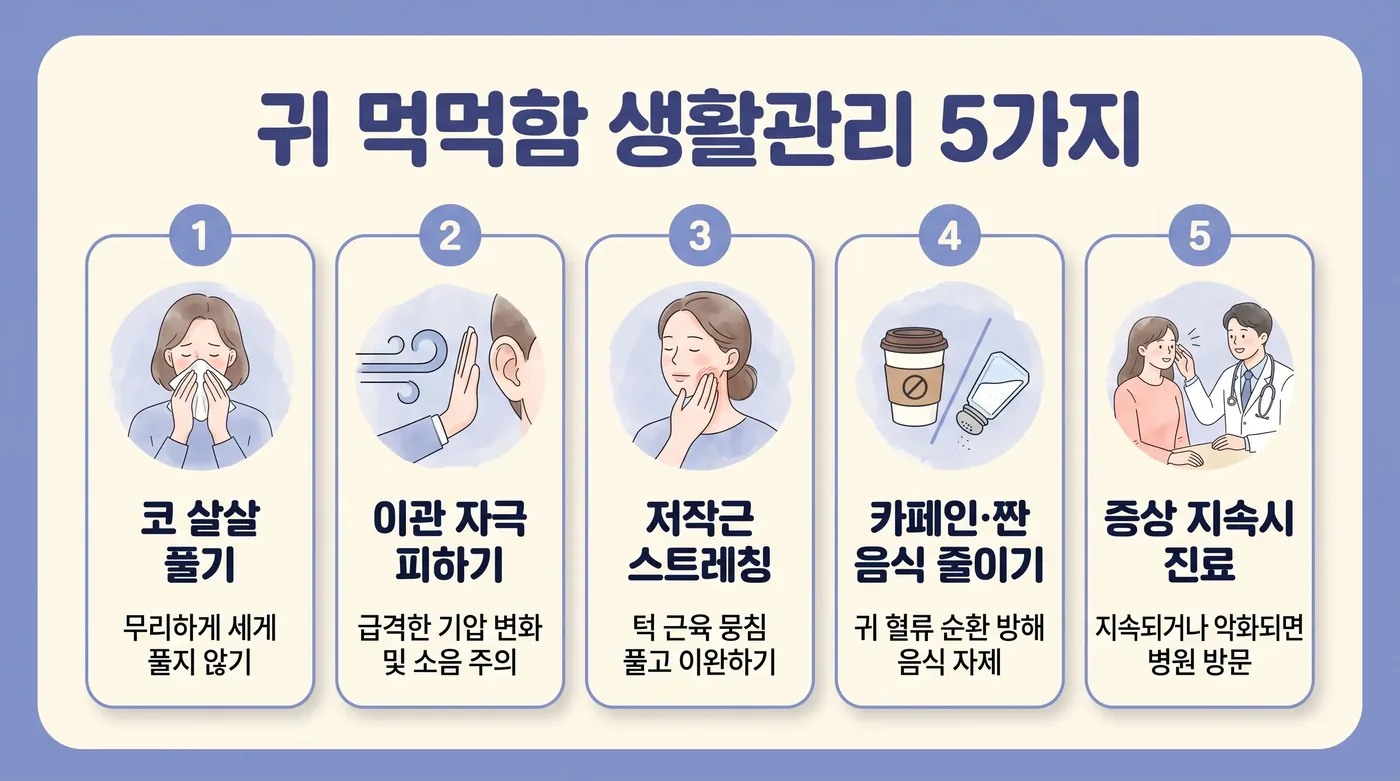 귀 먹먹함 생활관리 6가지 — 이관운동·코세척·코풀기·기압대비·턱·수면