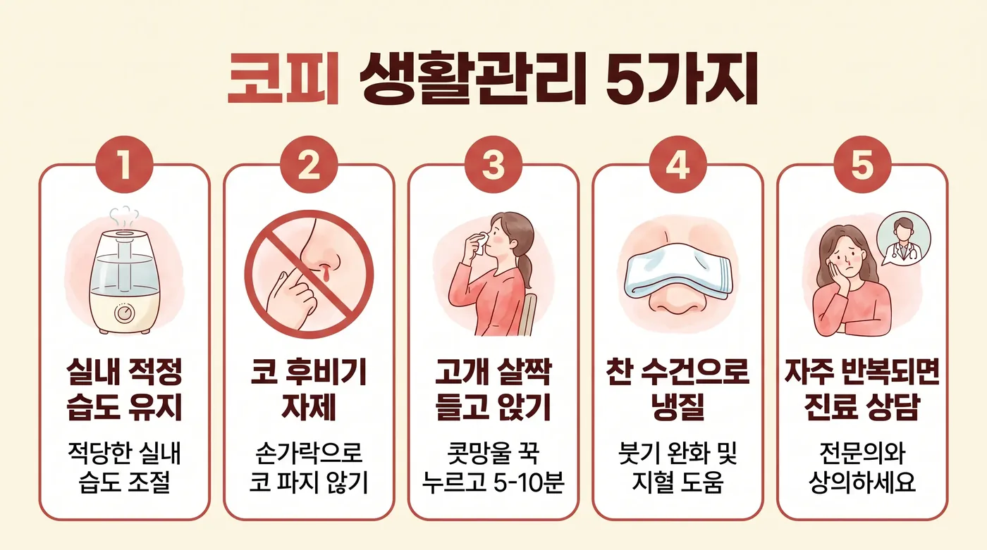 코피 생활관리 6가지 — 지혈법·가습·보습·습관·식이·기록