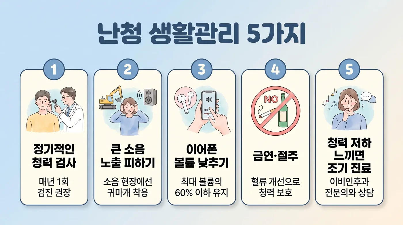 청력 저하 생활관리 6가지 — 소음차단·이어폰·혈관관리·금연·정기검사·대화환경