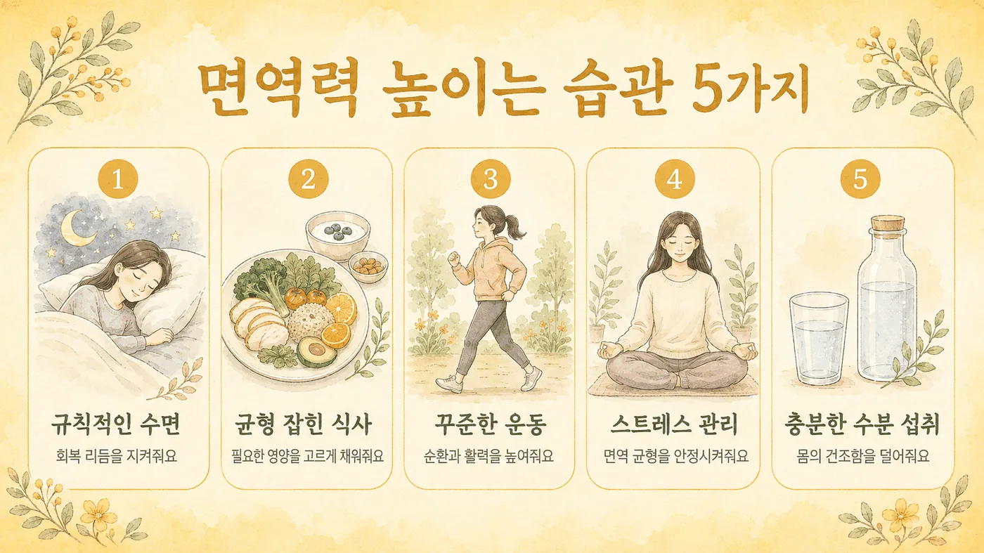 면역력 생활관리 6가지 — 수면·단백질·운동·손씻기·스트레스·예방접종