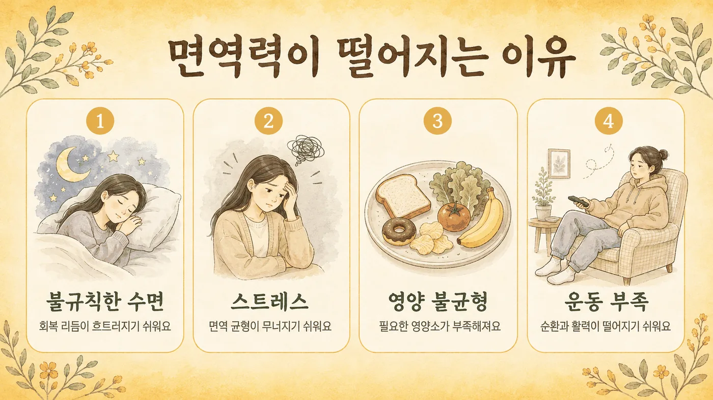면역력이 떨어지는 요인 — 수면·영양·스트레스·소화