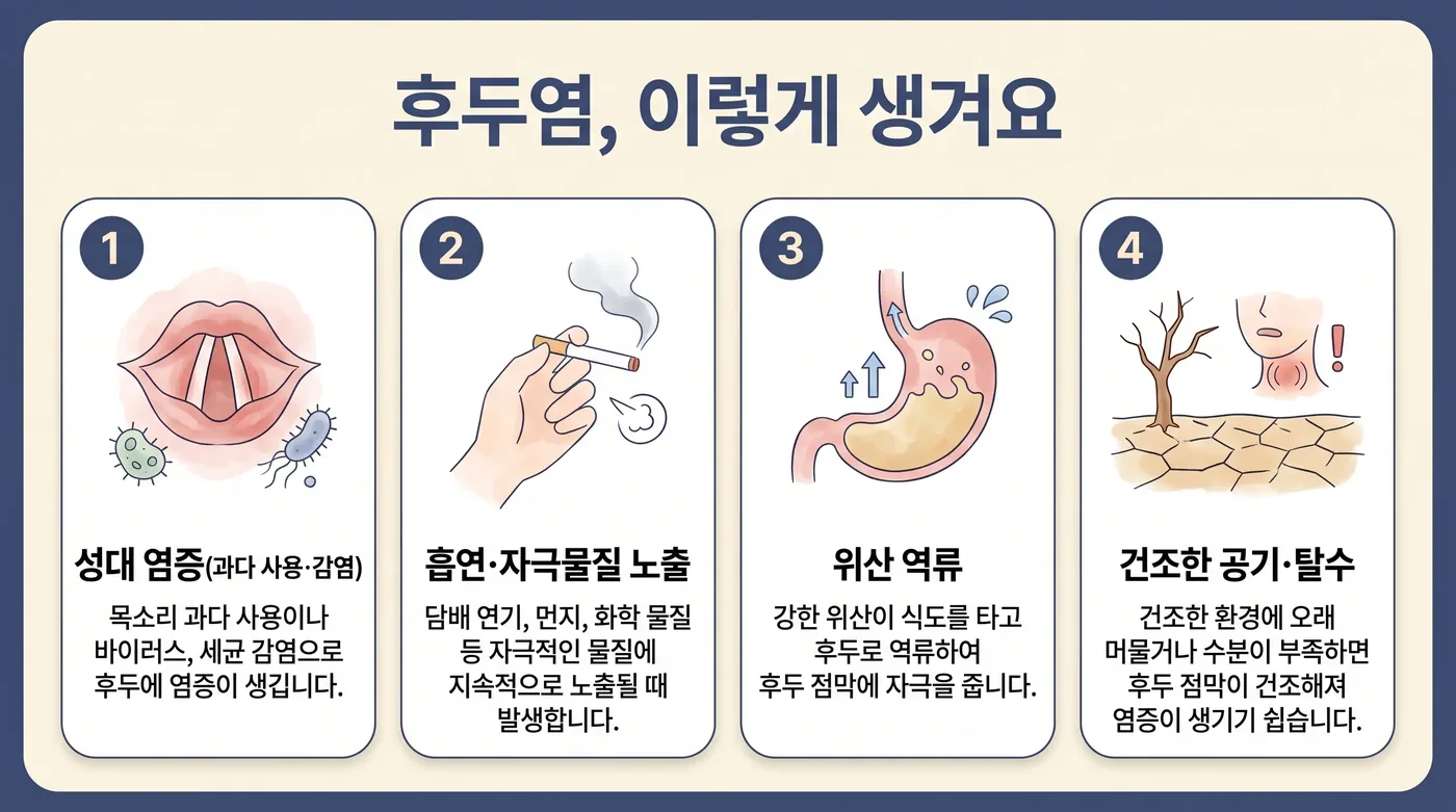 후두염의 기전 — 성대 부종과 진동의 불균일
