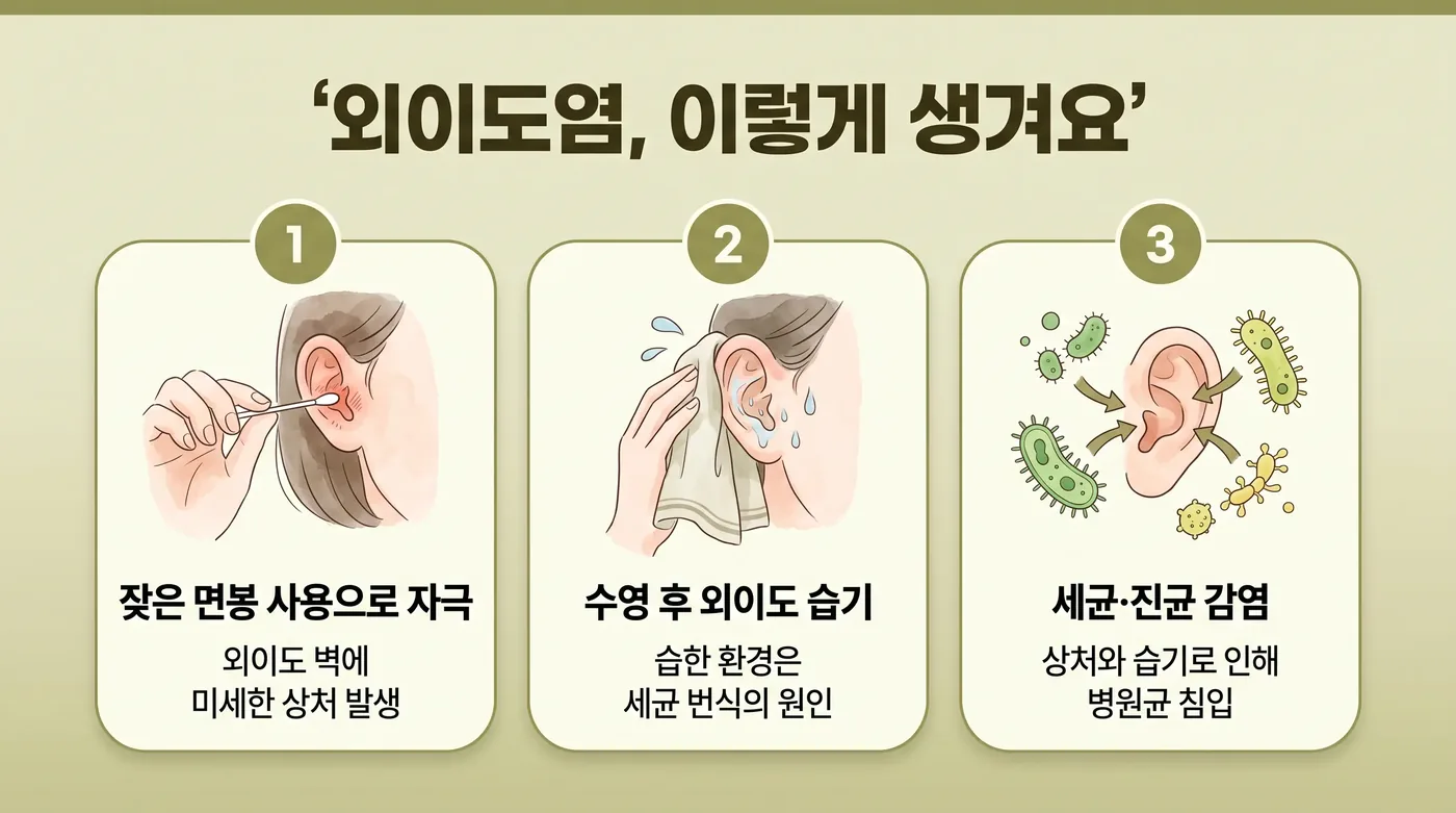 외이도염이 생기는 과정 — 보호막 손상과 세균·진균 증식