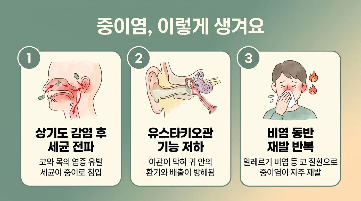 중이염이 생기는 경로 — 코에서 이관을 타고 귀로