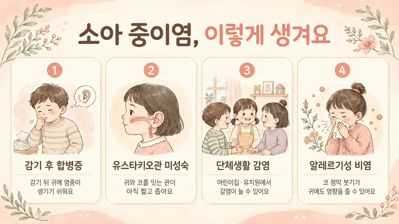 소아 중이염의 경로 — 짧은 이관을 타고 코에서 귀로