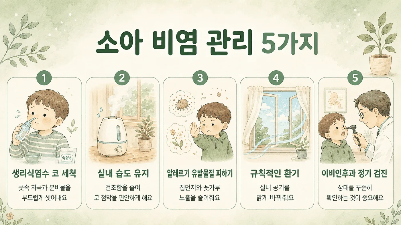 소아 비염 생활관리 6가지 — 침구·코세척·습도·수면·식이·환절기 준비