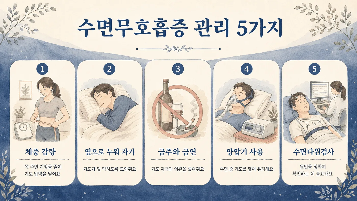 수면무호흡 생활관리 6가지 — 양압기·체중·금주·옆으로자기·코열기·졸음운전 주의