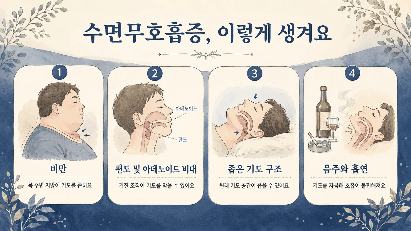 수면무호흡의 기전 — 반복되는 기도 폐쇄와 산소 저하