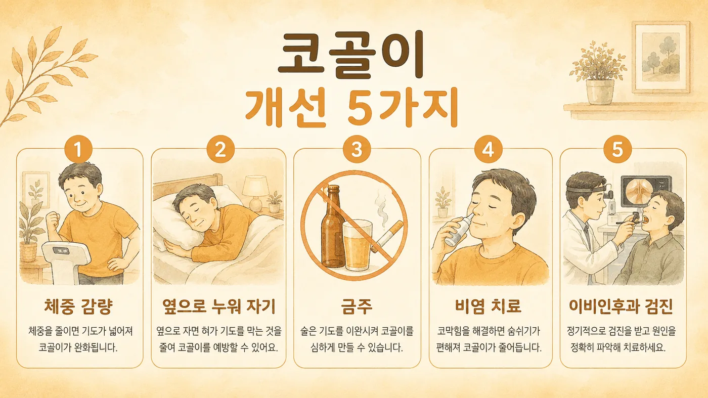 코골이 생활관리 6가지 — 옆으로자기·체중·금주·코열기·상체높이기·수면시간