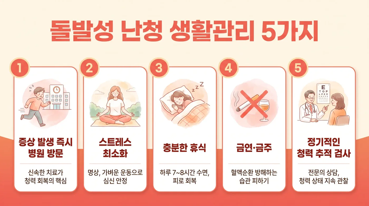 돌발성 난청 생활관리 6가지 — 즉시 진료·안정·소음차단·금주·수면·기록