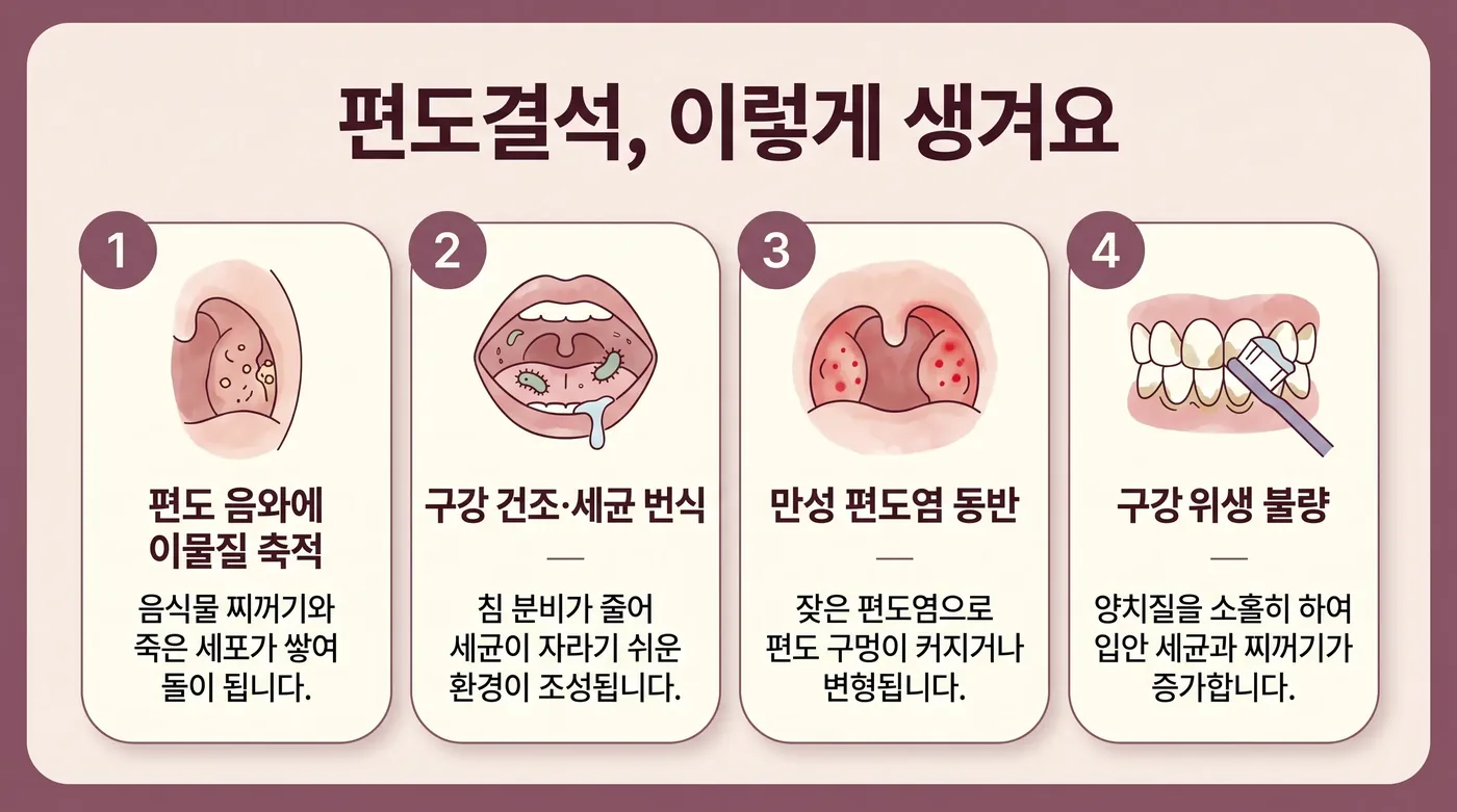 편도결석이 생기는 과정 — 편도 크립트의 노폐물 축적