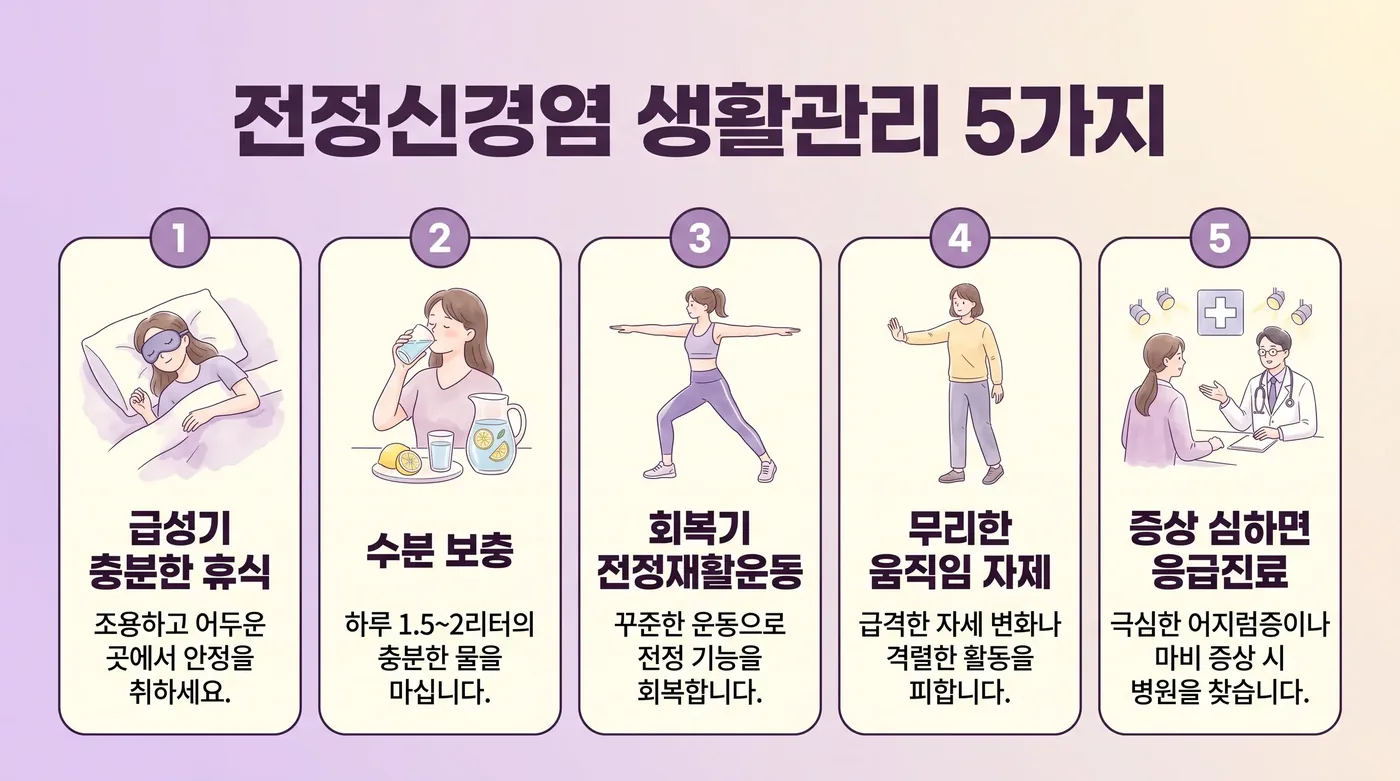 전정신경염 생활관리 6가지 — 재활운동·약 줄이기·걷기·수분·수면·안전