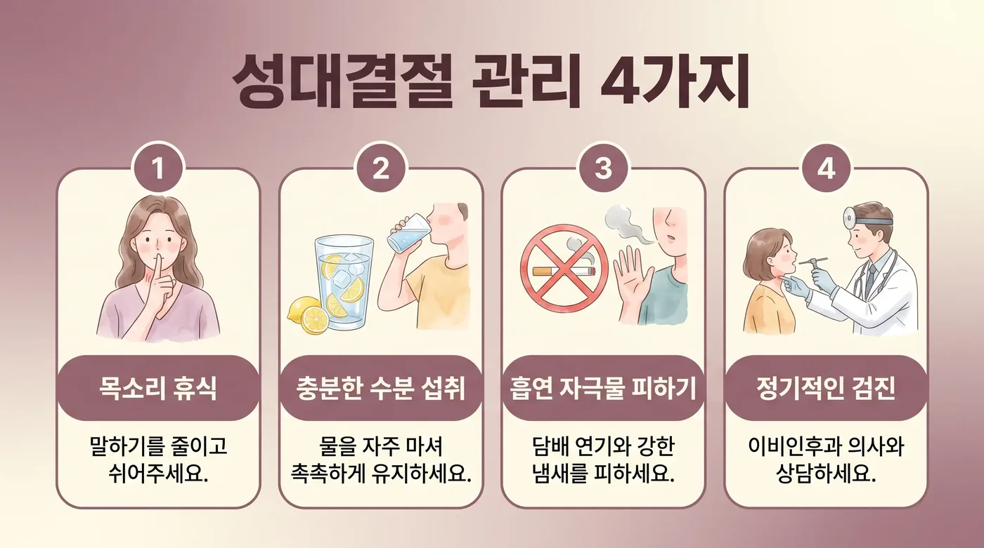 성대결절 생활관리 6가지 — 나눠쓰기·마이크·수분·헛기침금지·야식·소리지르지 않기