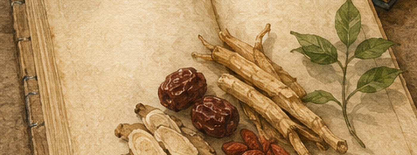 펼쳐진 한의학 서적과 약초 — 8체질의학의 원리와 사상체질과의 차이