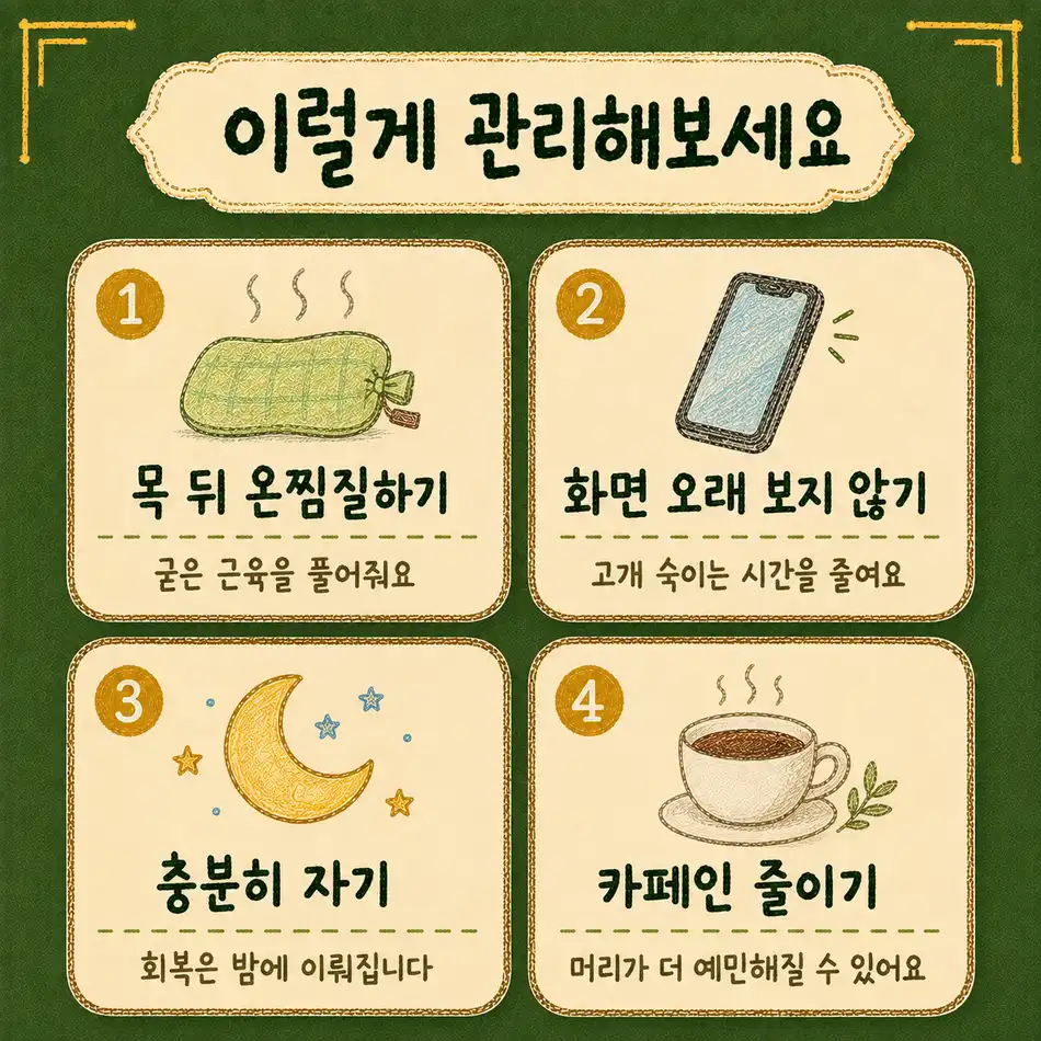 인천송도 더율한의원 교통사고 두통 관리 - 목 뒤 온찜질 화면 시간 줄이기 충분한 수면 카페인 줄이기