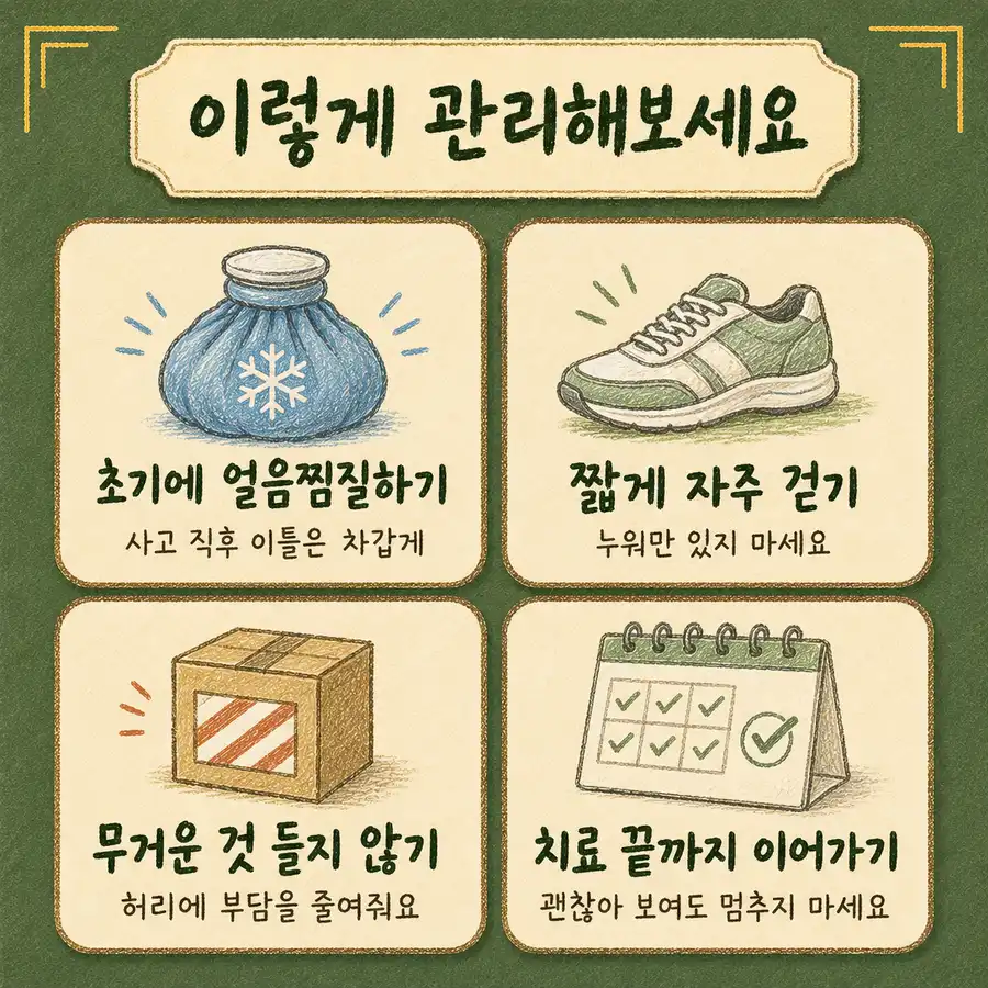 인천송도 더율한의원 교통사고 허리 관리 - 초기 얼음찜질 짧게 자주 걷기 무거운 것 피하기 치료 이어가기