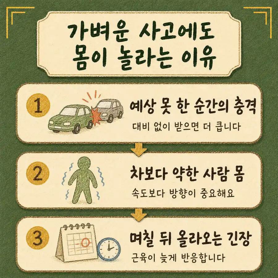 인천송도 더율한의원 경미한 접촉사고 - 예상 못 한 순간의 충격 차보다 약한 사람 몸 며칠 뒤 올라오는 긴장