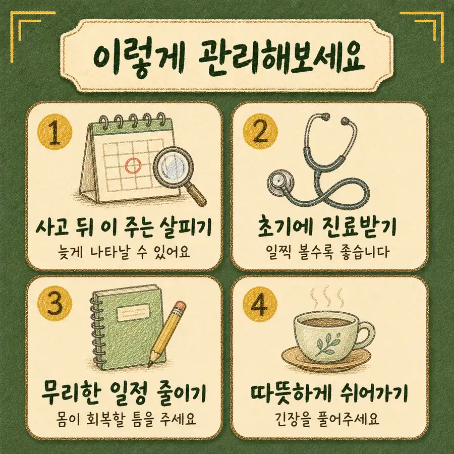 인천송도 더율한의원 경미한 접촉사고 관리 - 사고 뒤 이 주 살피기 초기 진료 무리한 일정 줄이기 따뜻하게 쉬기