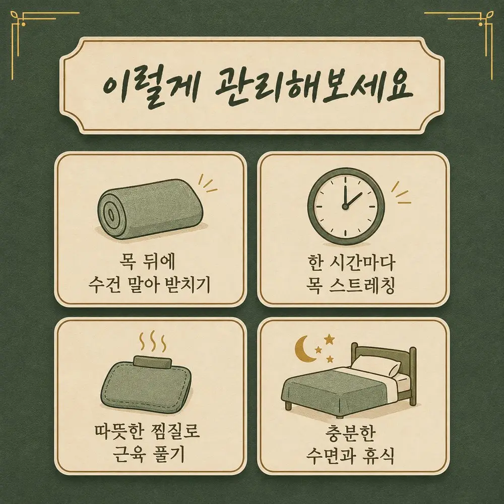 인천송도 더율한의원 편타손상 두통 관리 - 목 뒤 수건 받치기 한 시간마다 스트레칭 온찜질 충분한 수면