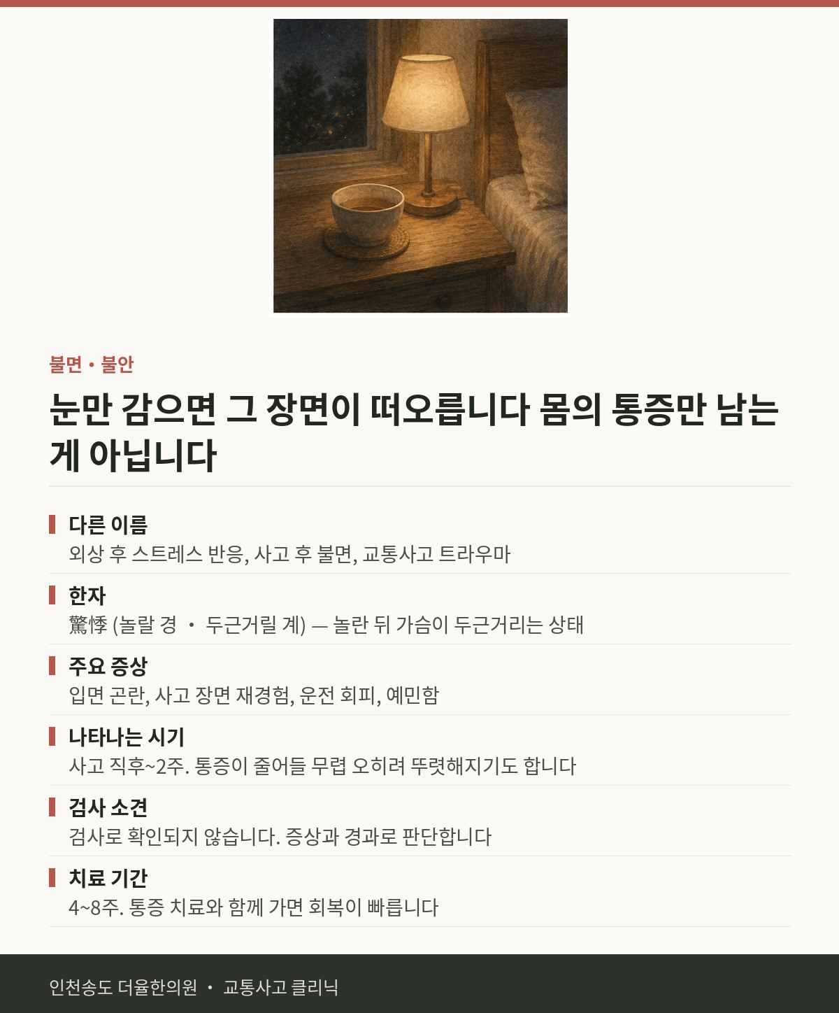 불면·불안 | 교통사고 후 사고 장면이 떠오르고 잠들기 어렵 — 송도 더율한의원 핵심 정리