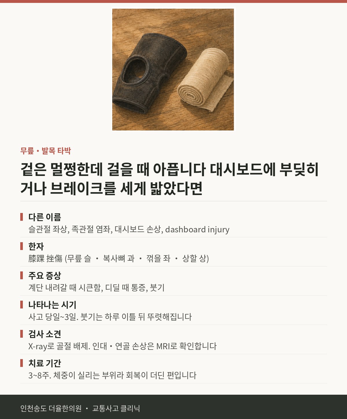 무릎·발목 타박 | 교통사고 후 대시보드에 부딪히거나 브레이크를 세게 밟았 — 송도 더율한의원 핵심 정리