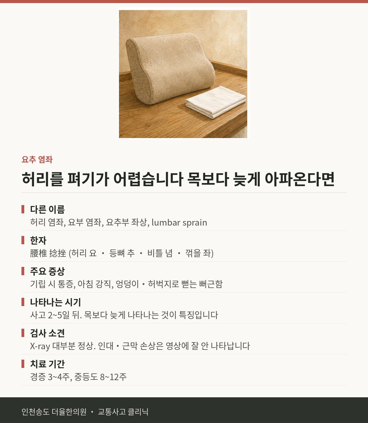 요추 염좌 | 교통사고 후 허리를 펴기 어렵고 앉았다 일어날 때 아프 — 송도 더율한의원 핵심 정리