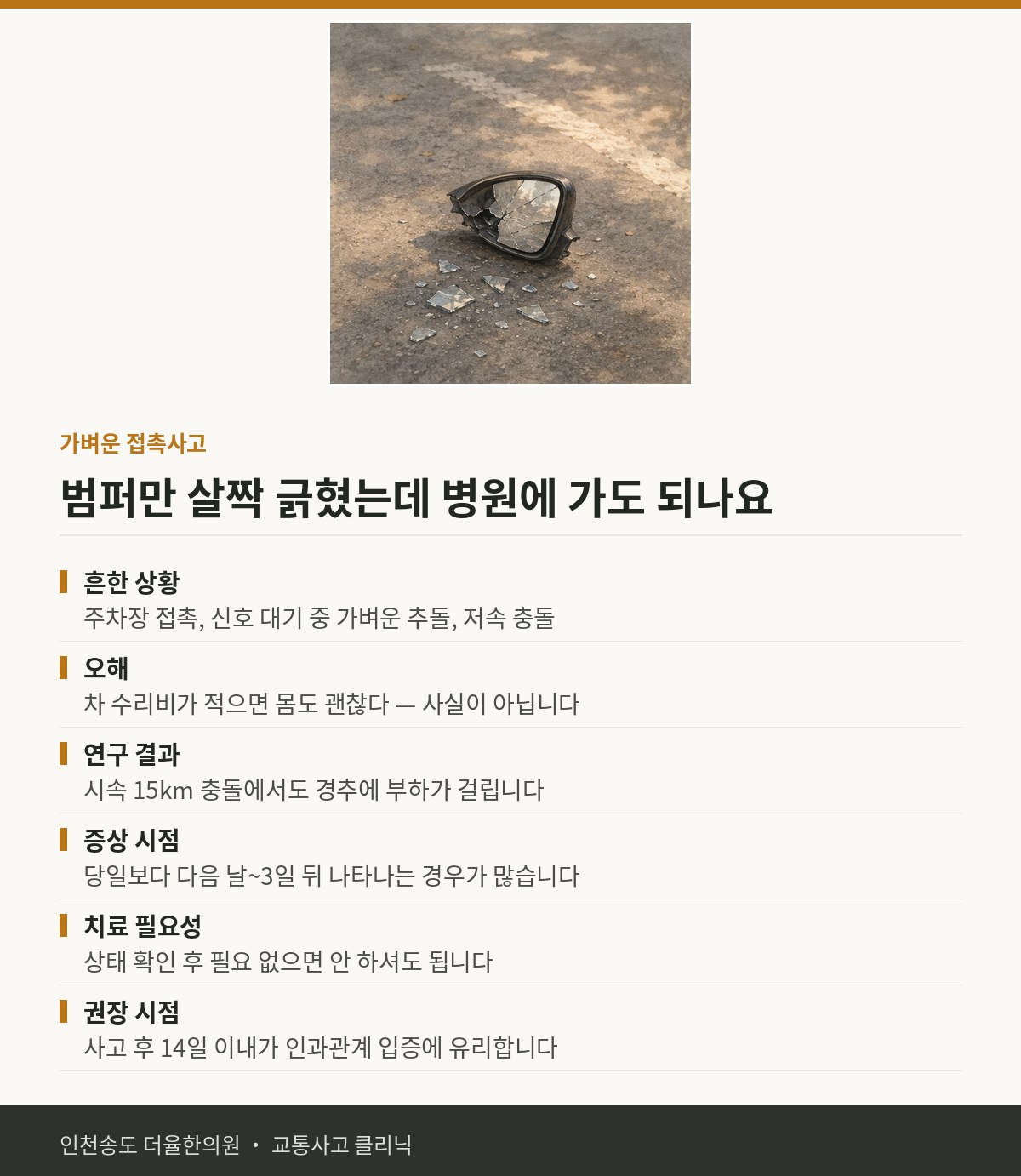 가벼운 접촉사고 | 교통사고 후 범퍼만 살짝 긁혔는데 병원 가도 되나요 — 송도 더율한의원 핵심 정리